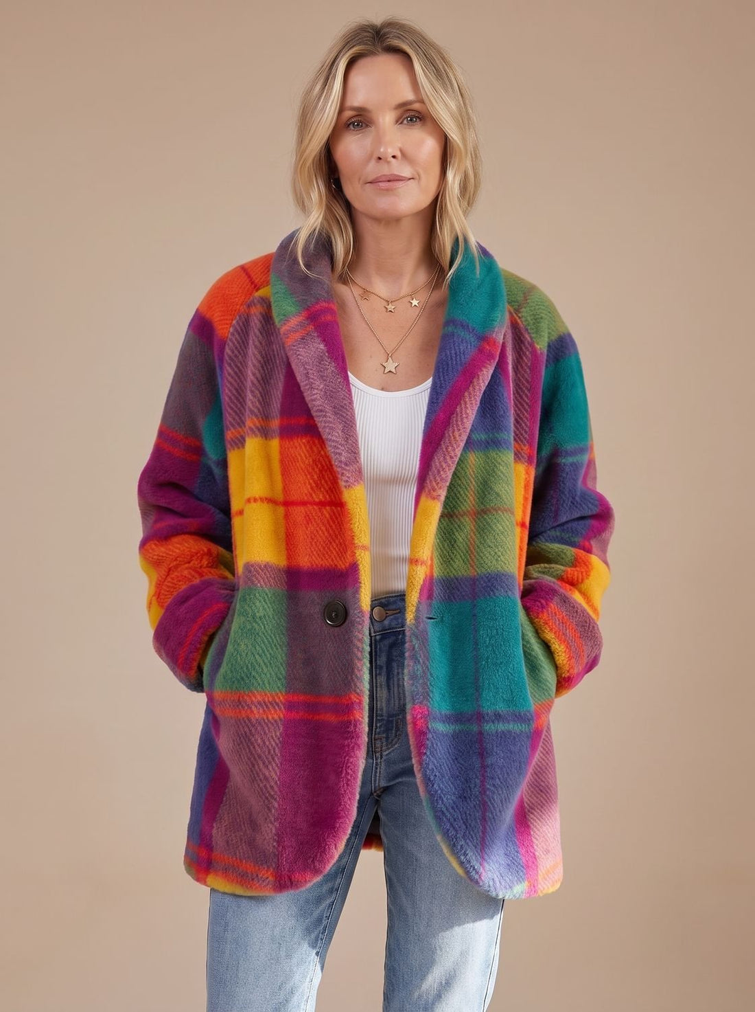 Wynne Plaid Fleece Shawl-Collar Coat 2