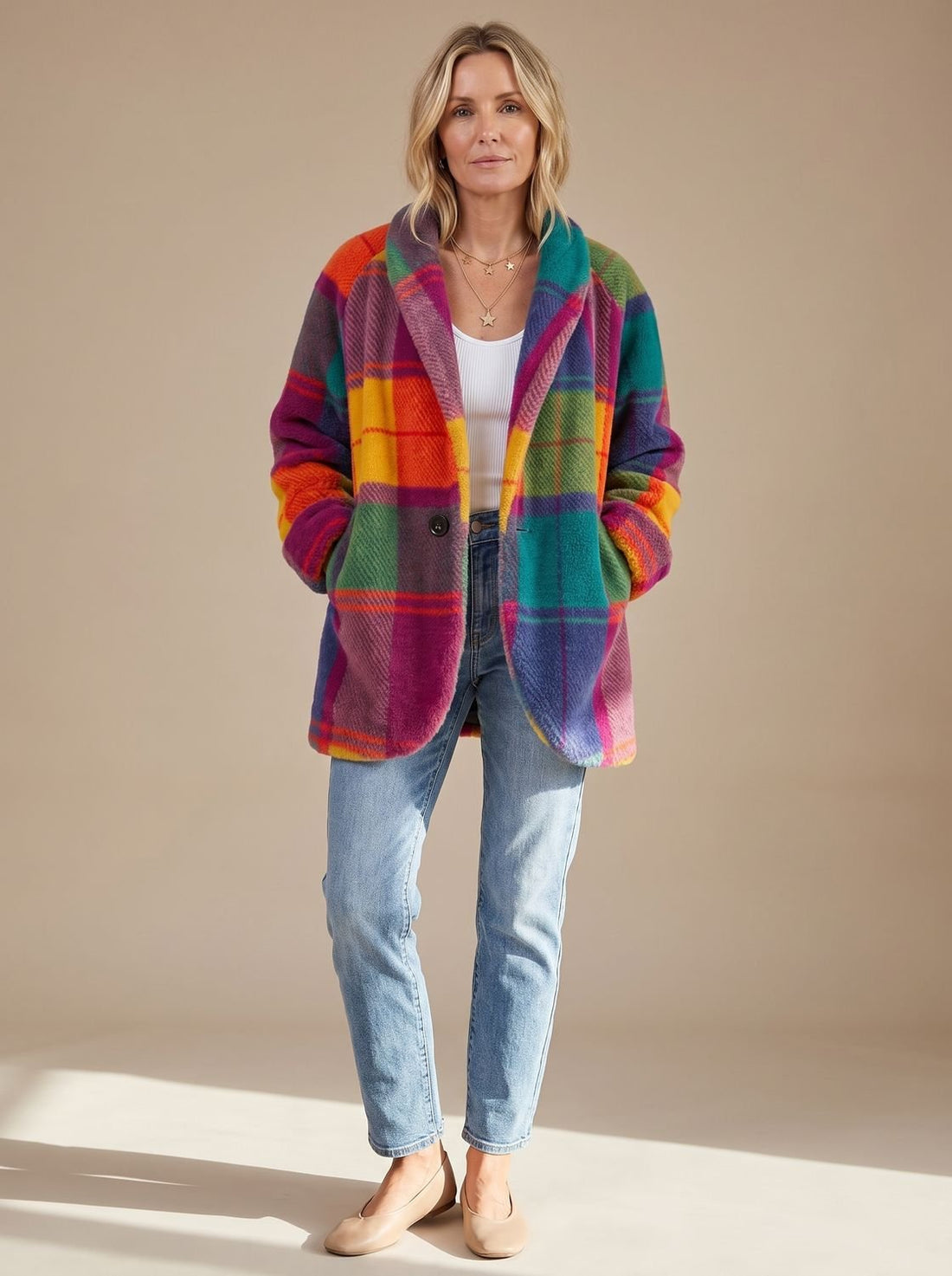 Wynne Plaid Fleece Shawl-Collar Coat 1